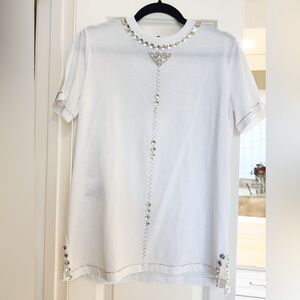 Prada White Loose Fit Short Sleeve Shirt with Silver and Rhinestone Detailing
